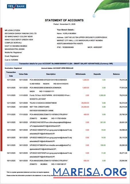 Printable India YES bank statement of account word download for verification